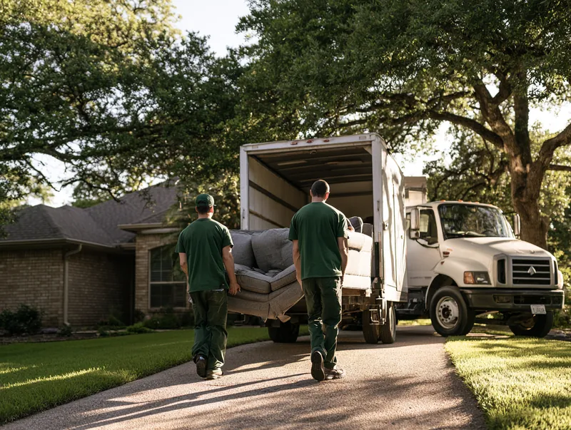 Furniture and appliance removal crew loading an old couch into a truck in Schertz TX