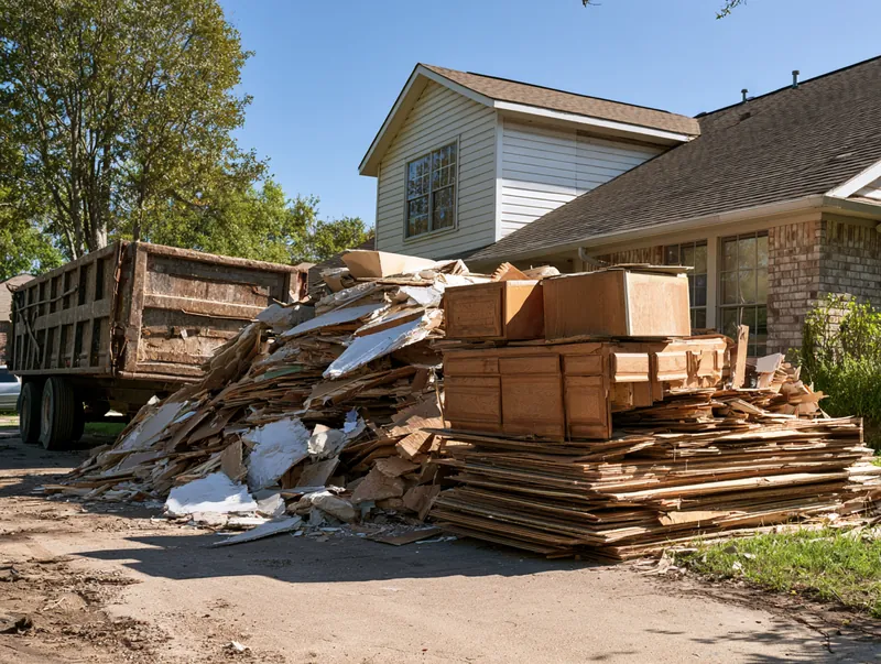 Renovation debris of drywall and old cabinets ready for haul-away in Schertz TX
